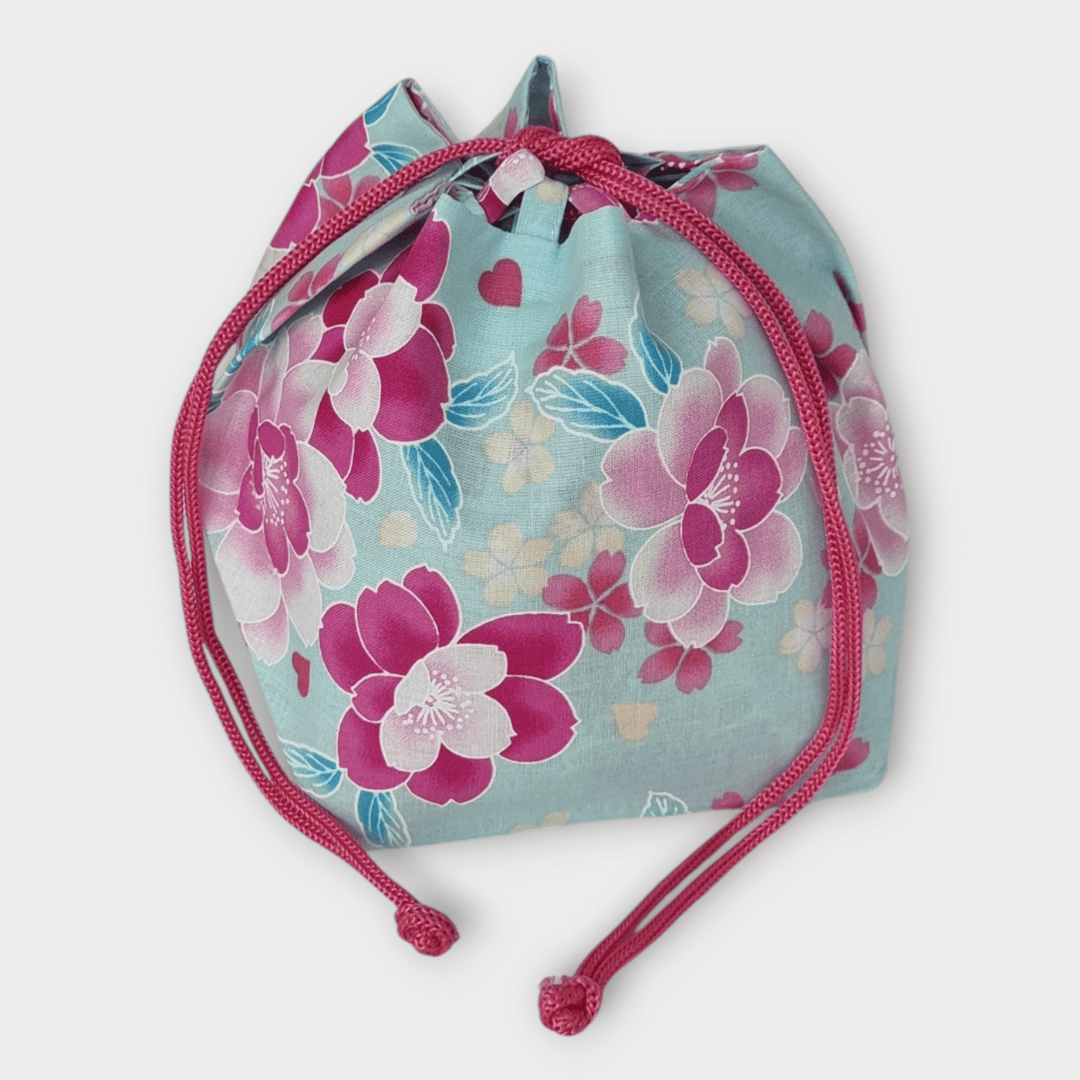 Kinchaku Beutel Wendetasche hellblau-rosa