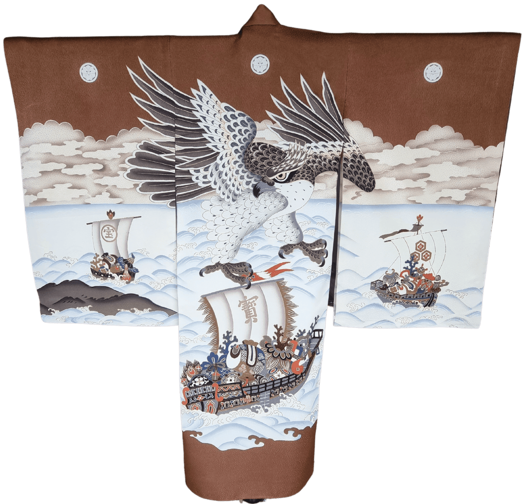 Vintage Furisode Kimono Kinder Adler und Schiffe 110 und 116