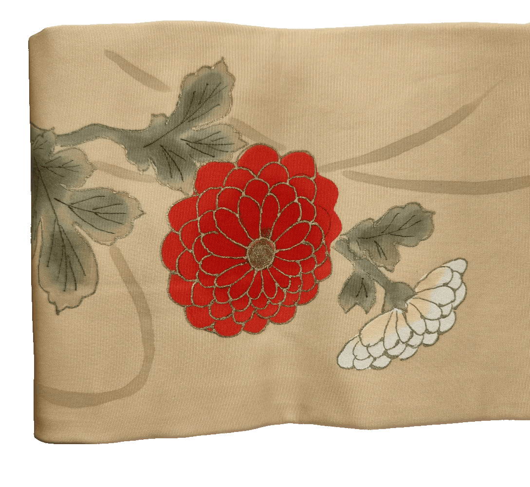 Detailansicht beiger Nagoya Obi mit roten und weißen Chrysanthemen