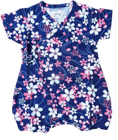 Babystrampler blau mit Kirschblüten Vorderseite