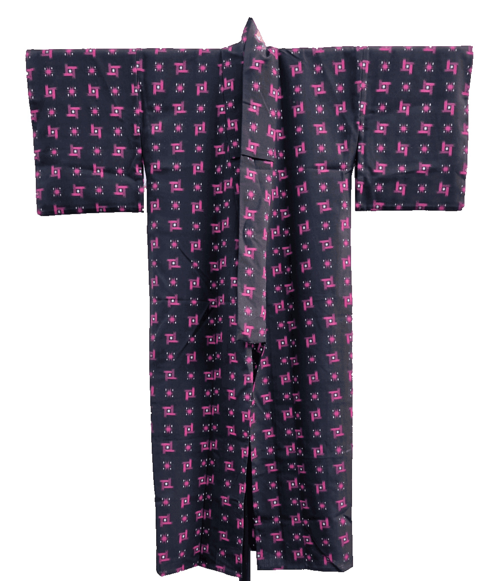 Vorderseite Vintage Komon Damen Kimono schwarz mit pinken Karos