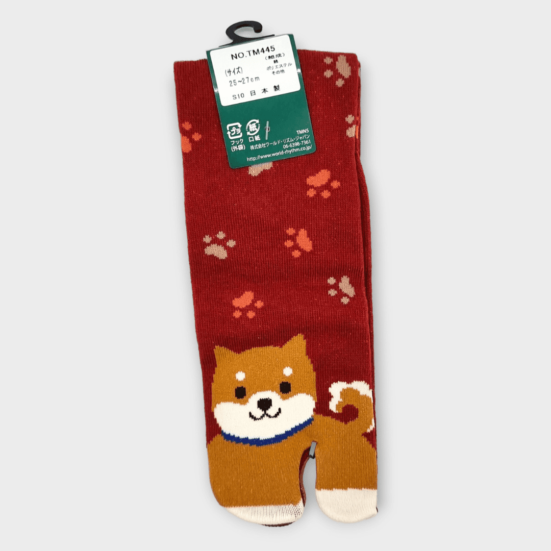 Rechte Tabi Socke in braun mit Shiba Inu in rot