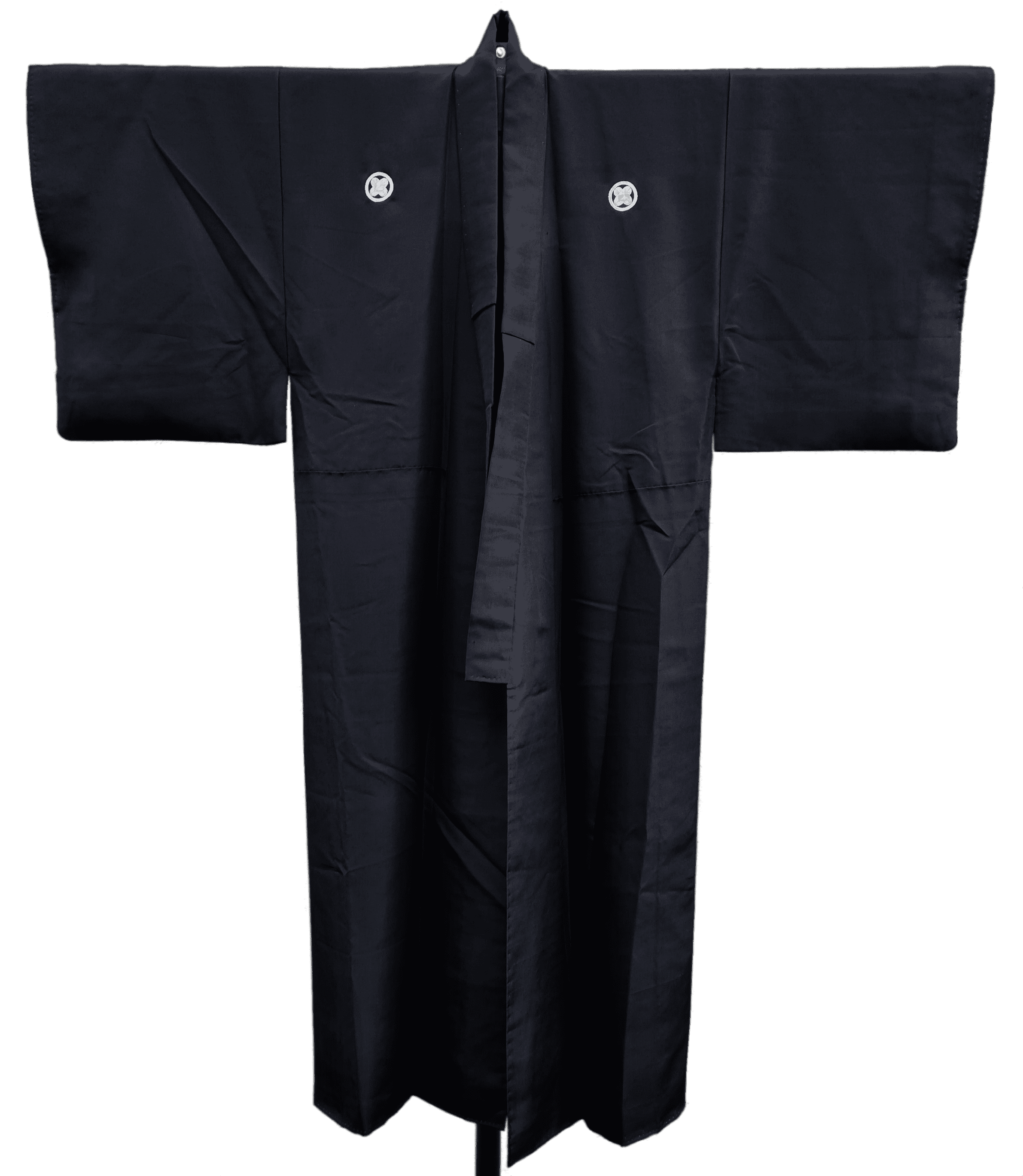 Schwarzer vintage reiso Kimono  für Herren Vorderseite mit zwei Wappen