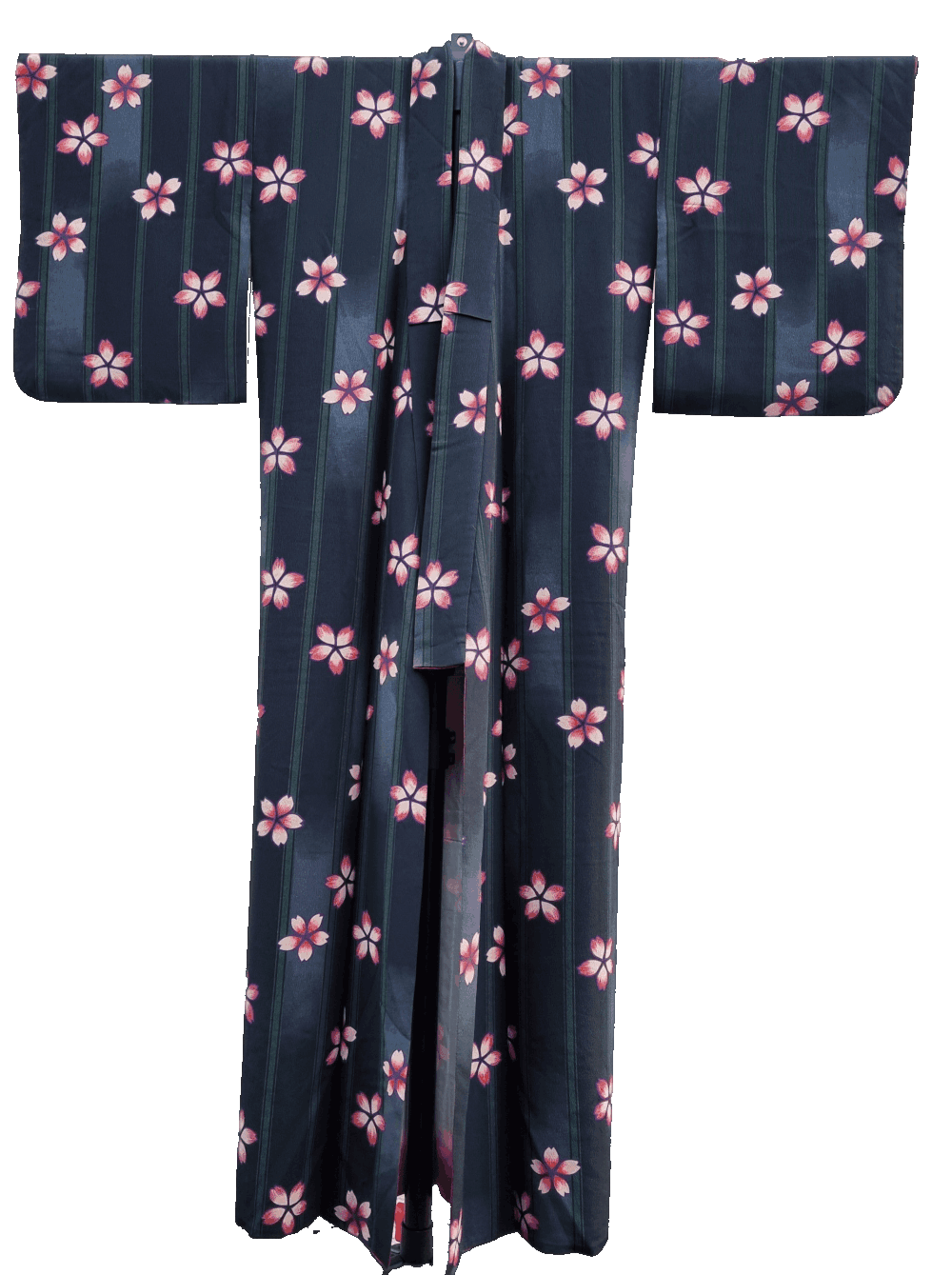 Damen Komon Kimono schwarz mit grünen Streifen und pinken Kirschblüten Vorderseite