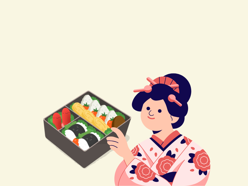 Grafik Frau im Kimono mit Bento Box