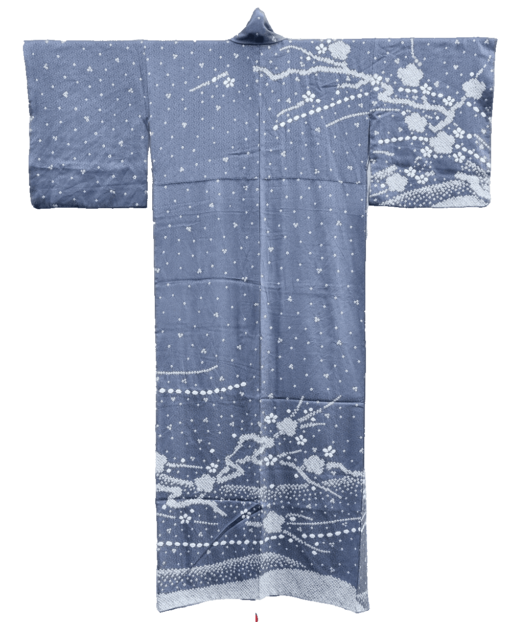 Rückseite Vintage Homongi Damen Kimono grau shibori sakura