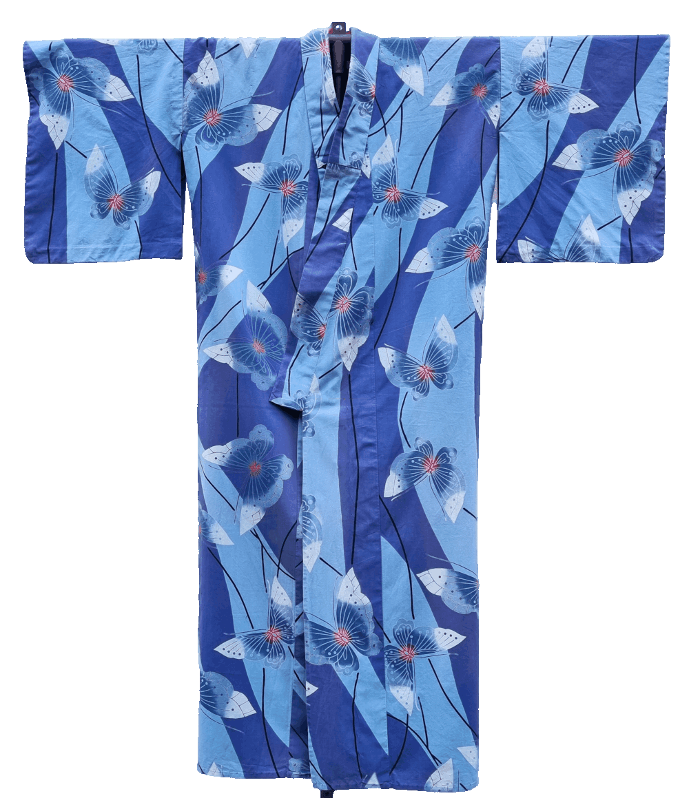 Vorderseite Yukata Damen blau mit blauen Schmetterlingen