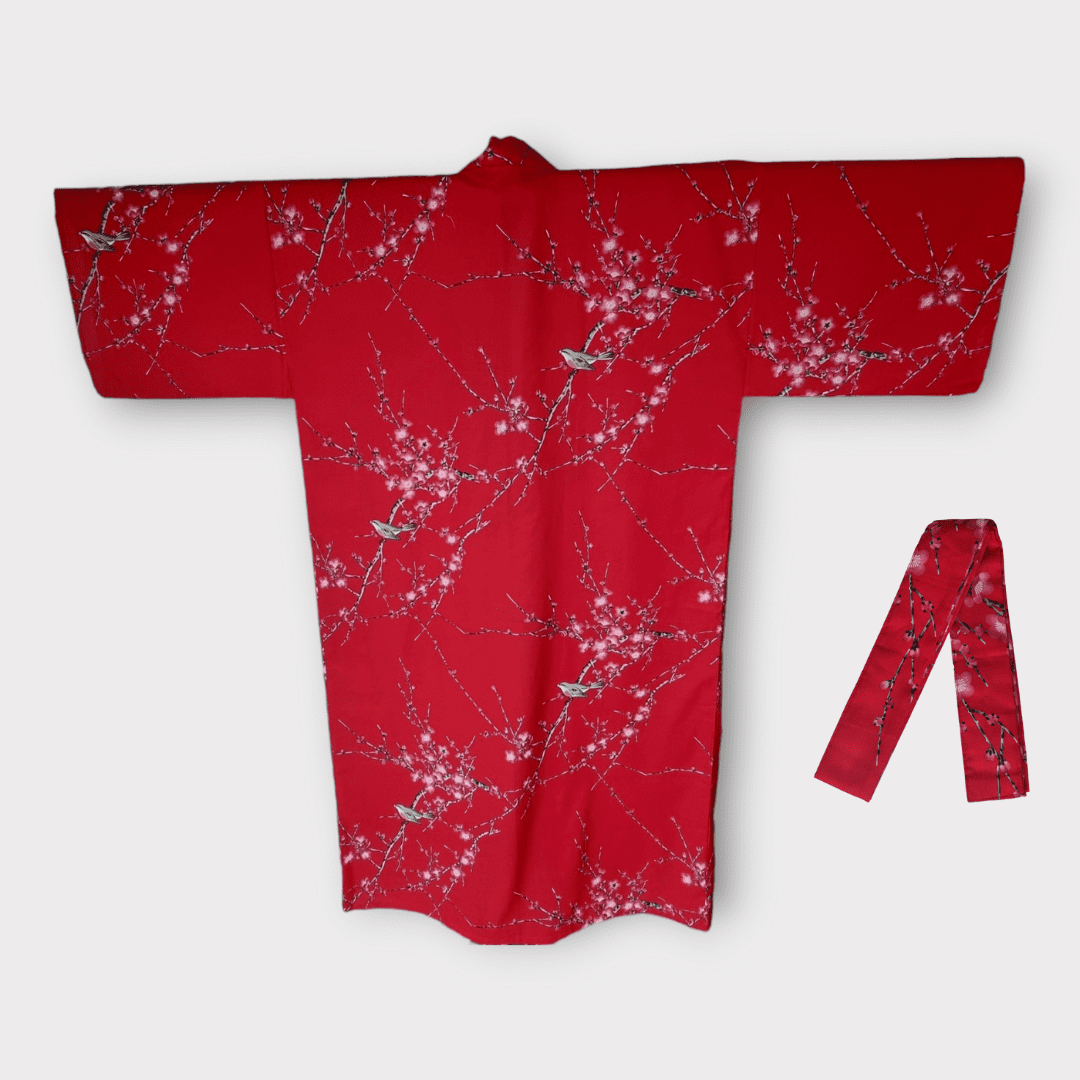 Plus Size Yukata Damen Pflaumenblüte Rot inkl. Obi
