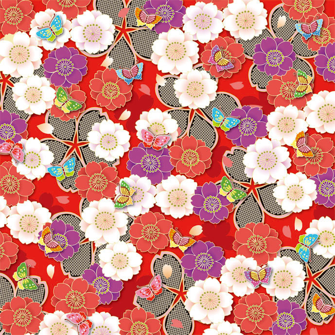 Origami Papier rosa, lila, rot Kirschblüten und Schmetterlinge auf rot