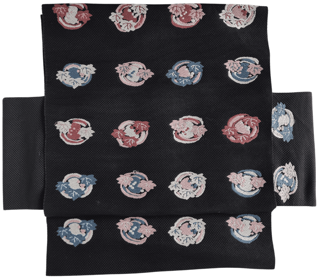 Vintage Taiko Musubi Obi Set schwarz florales Muster