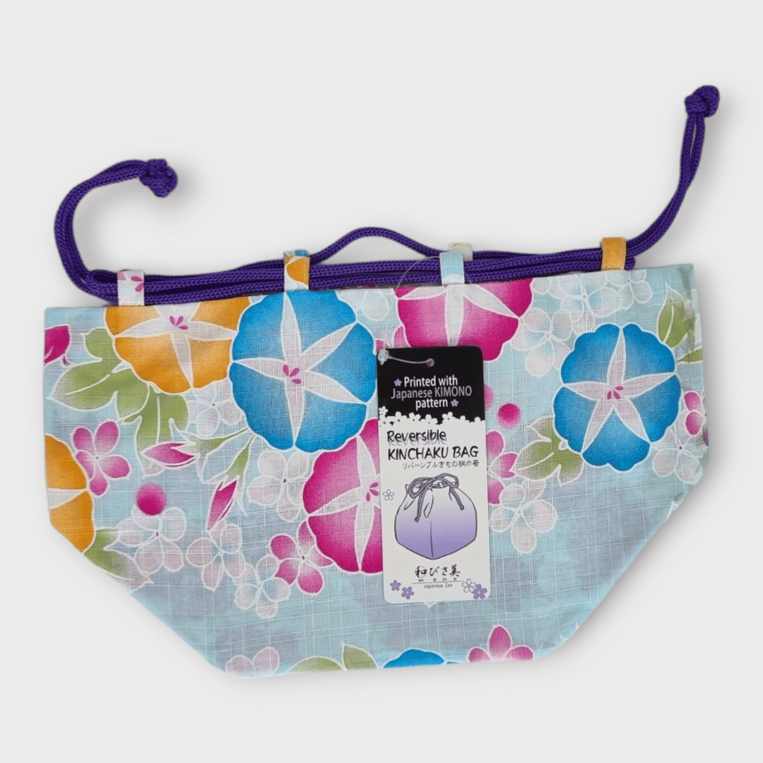 Kinchaku Beutel Wendetasche Hellblau-Rosa Blüten