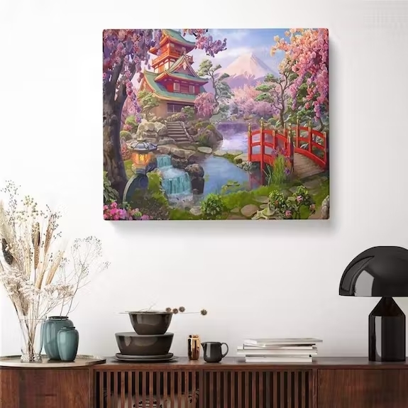 bemalte Leinwand malen nach Zahlen japanischer Garten hängt an der Wand