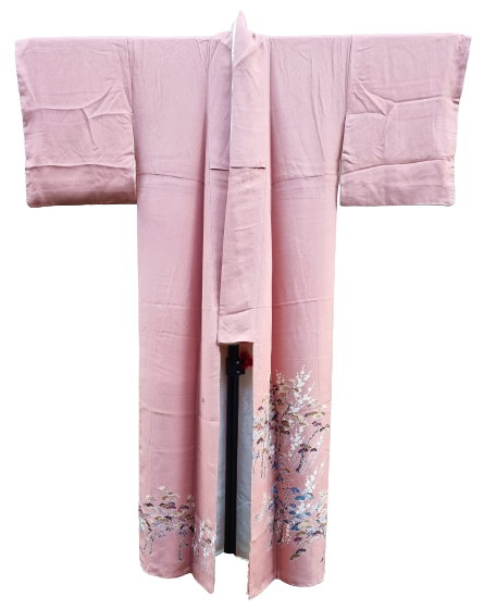 Vorderseite Vintage Tomesode Kimono Damen rosa mit Bäumen