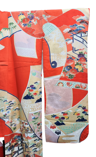 linker Ärmel Vintage Furisode Kimono Damen orange Chrysanthemen