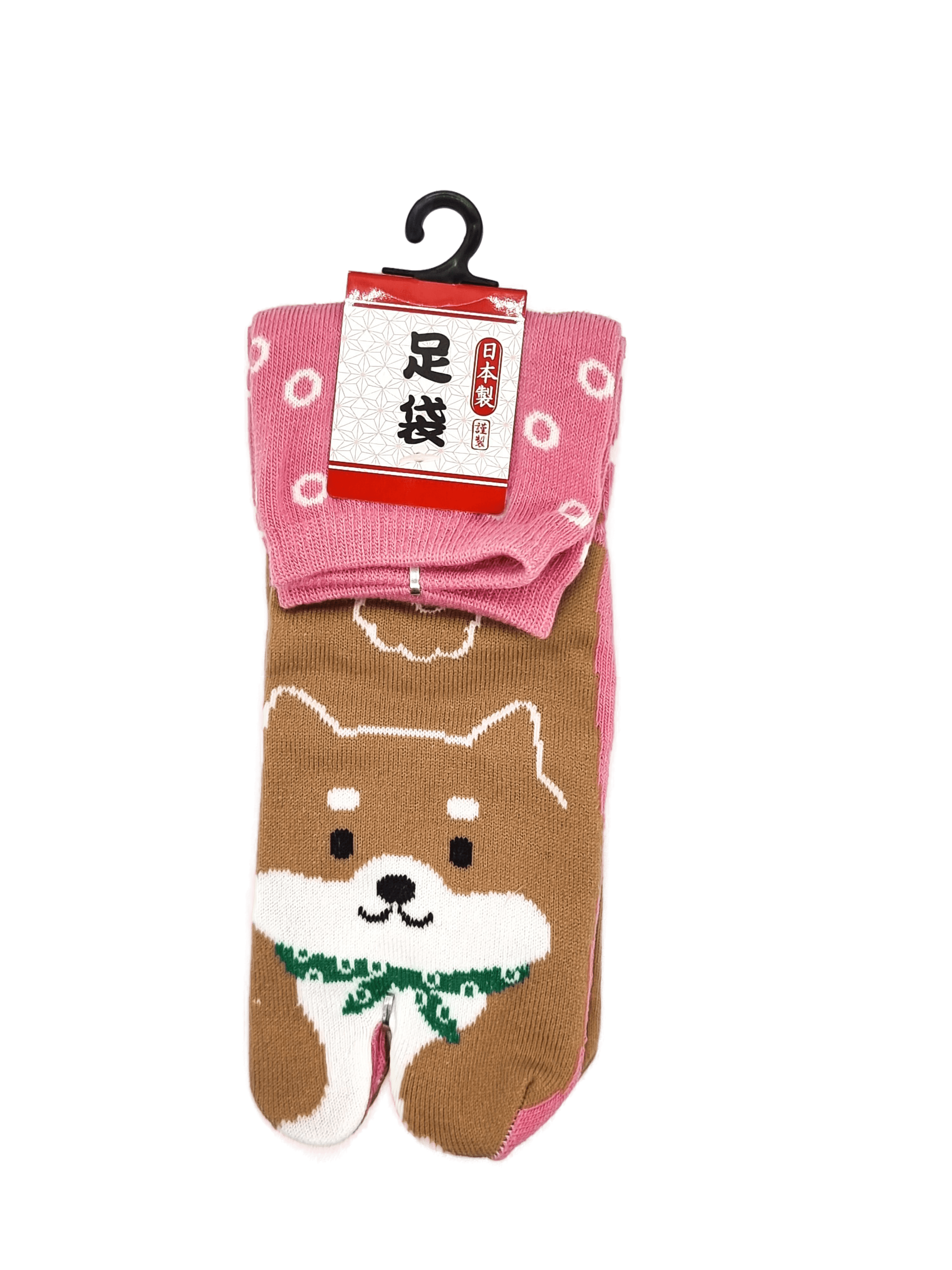 Linke braune Tabi Socke mit Shiba Inu in rosa