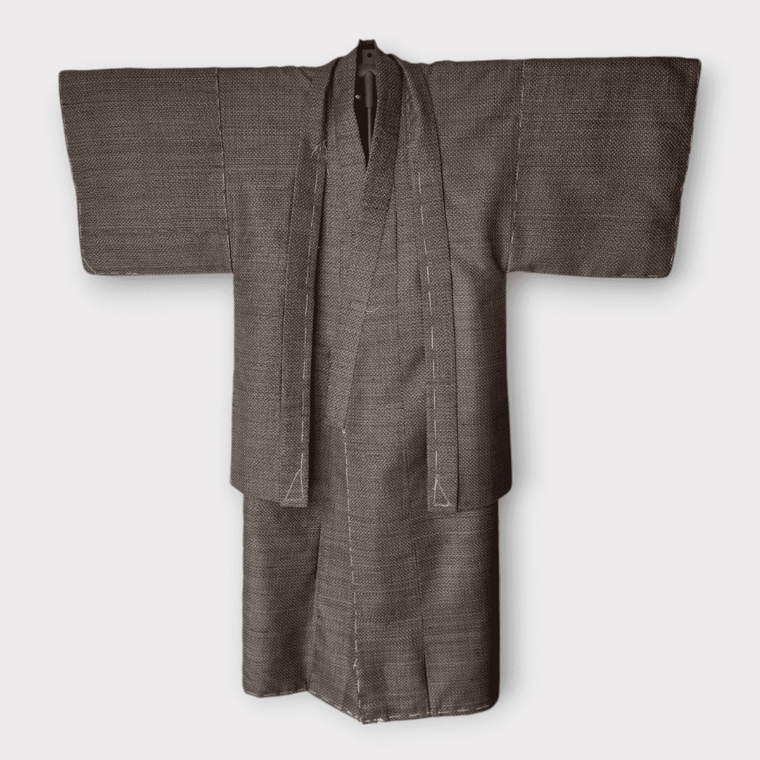 Vintage Oshima Tsumugi Kimono Ensemble Herren Braun Rauten unbenutzt