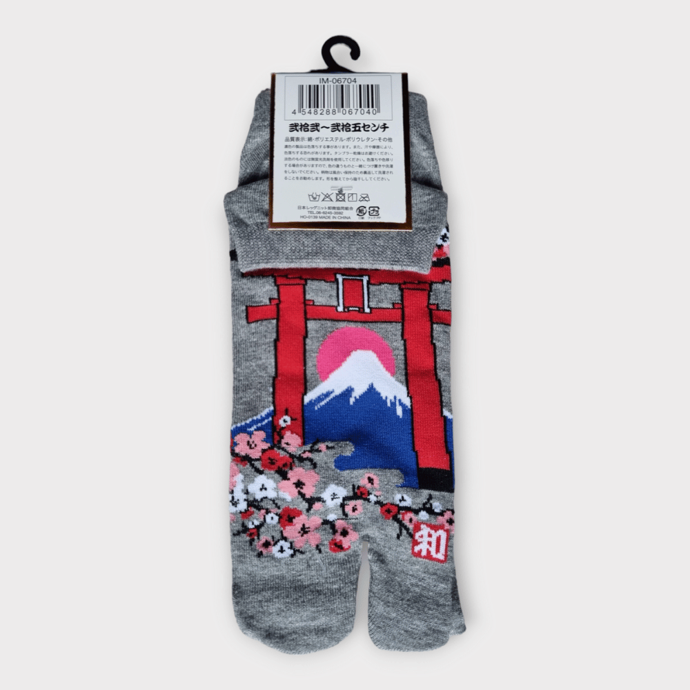 Tabi Socken Zehensocken Fuji-san und Torii Hellgrau
