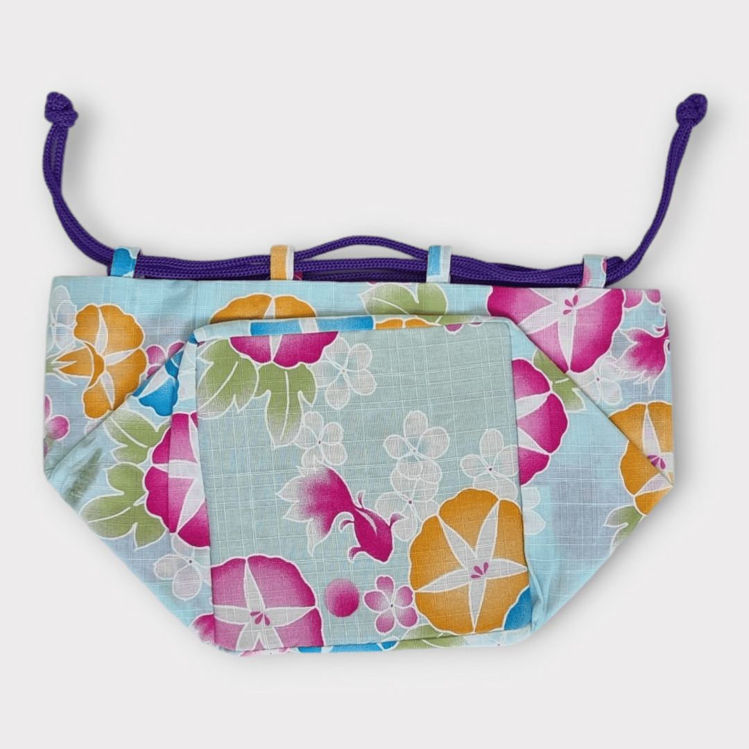 Kinchaku Beutel Wendetasche Hellblau-Rosa Blüten