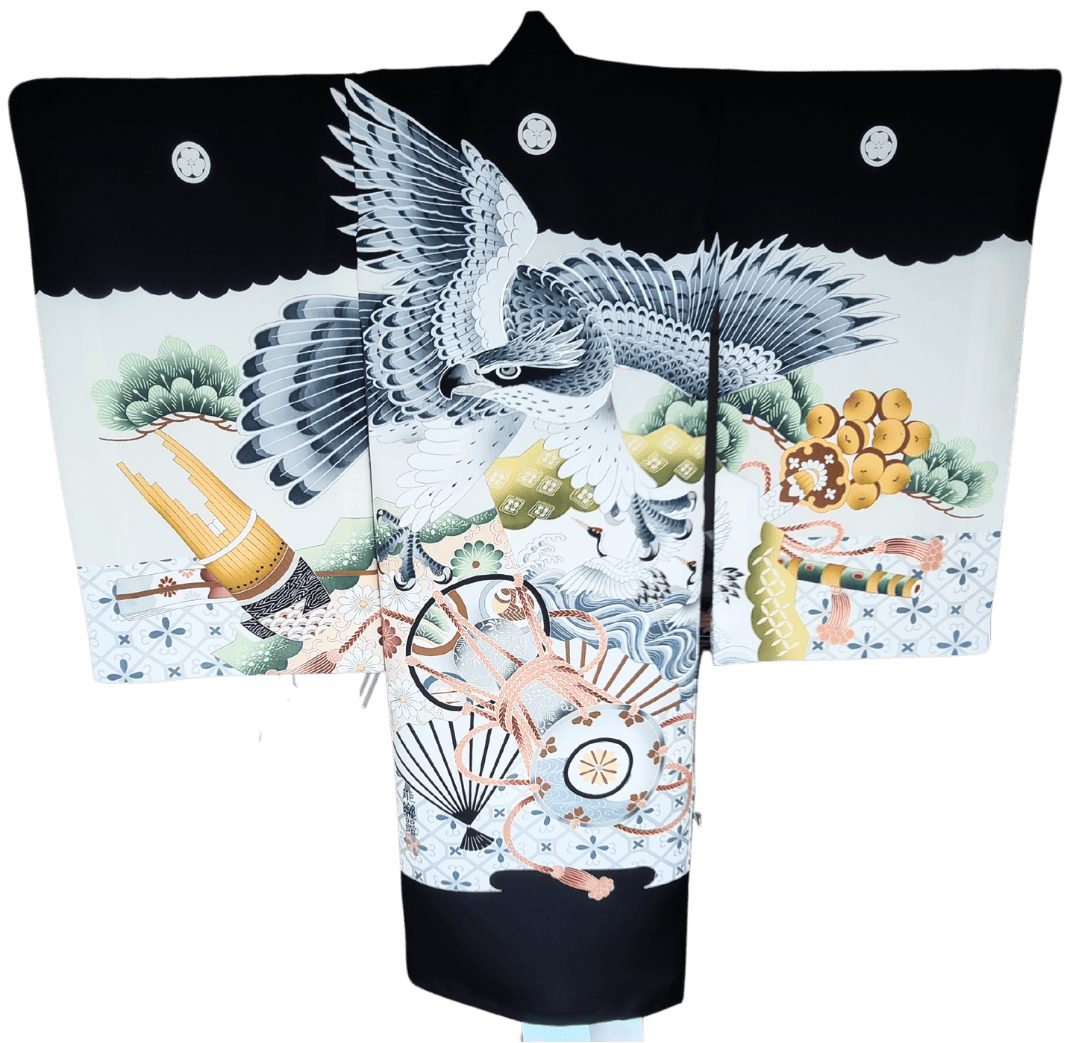 Vintage Furisode Kimono Kinder Adler und Kranich 110 und 116