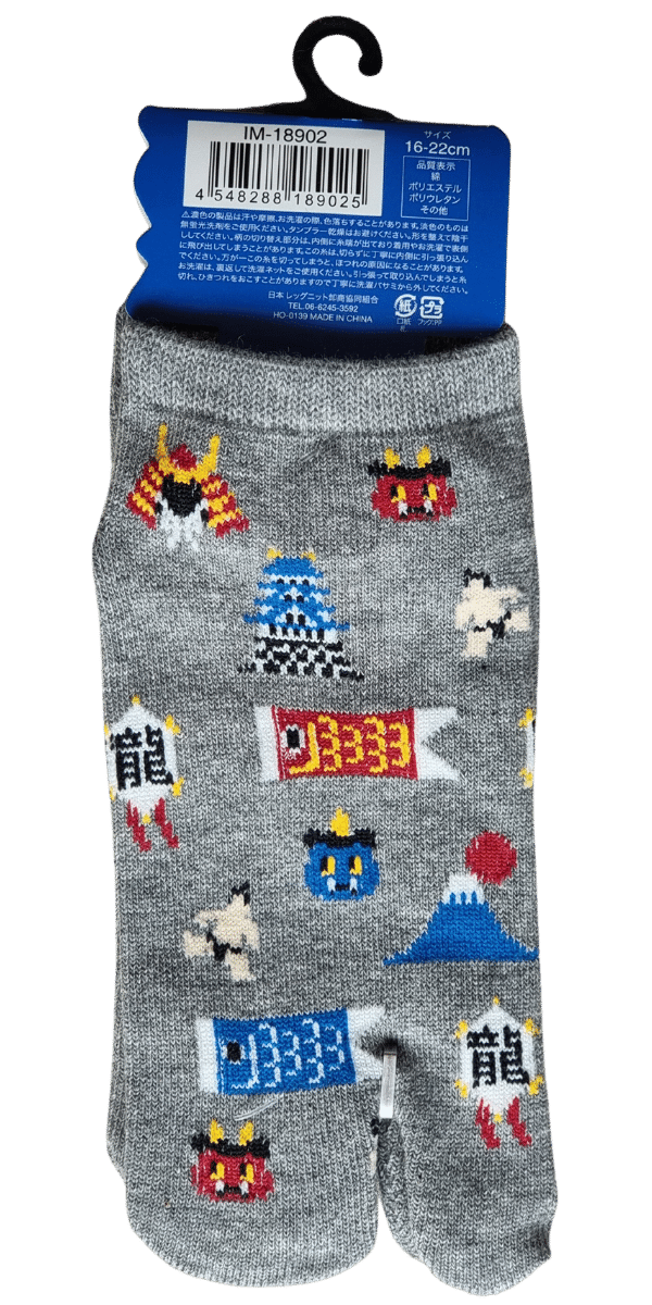 Kinder Tabi Socken Zehensocken Symbole Japans grau