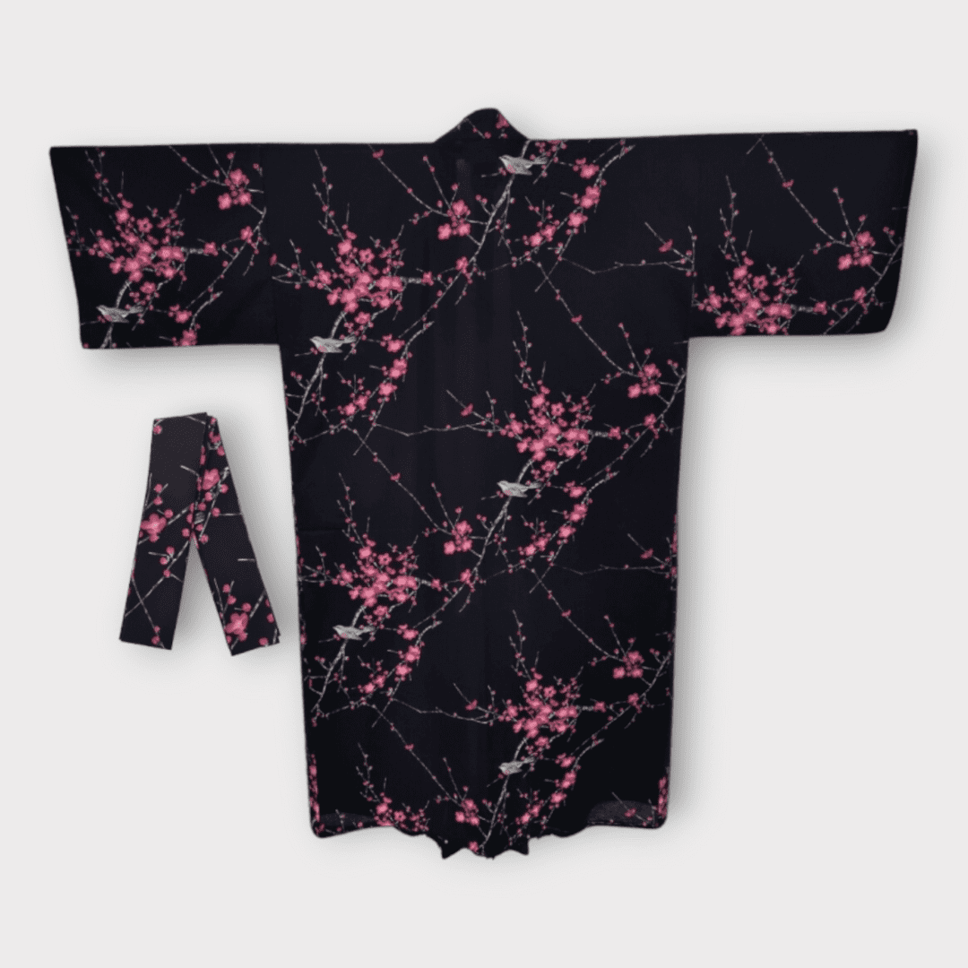 Plus Size Yukata Damen Pflaumenblüte schwarz inkl. Obi