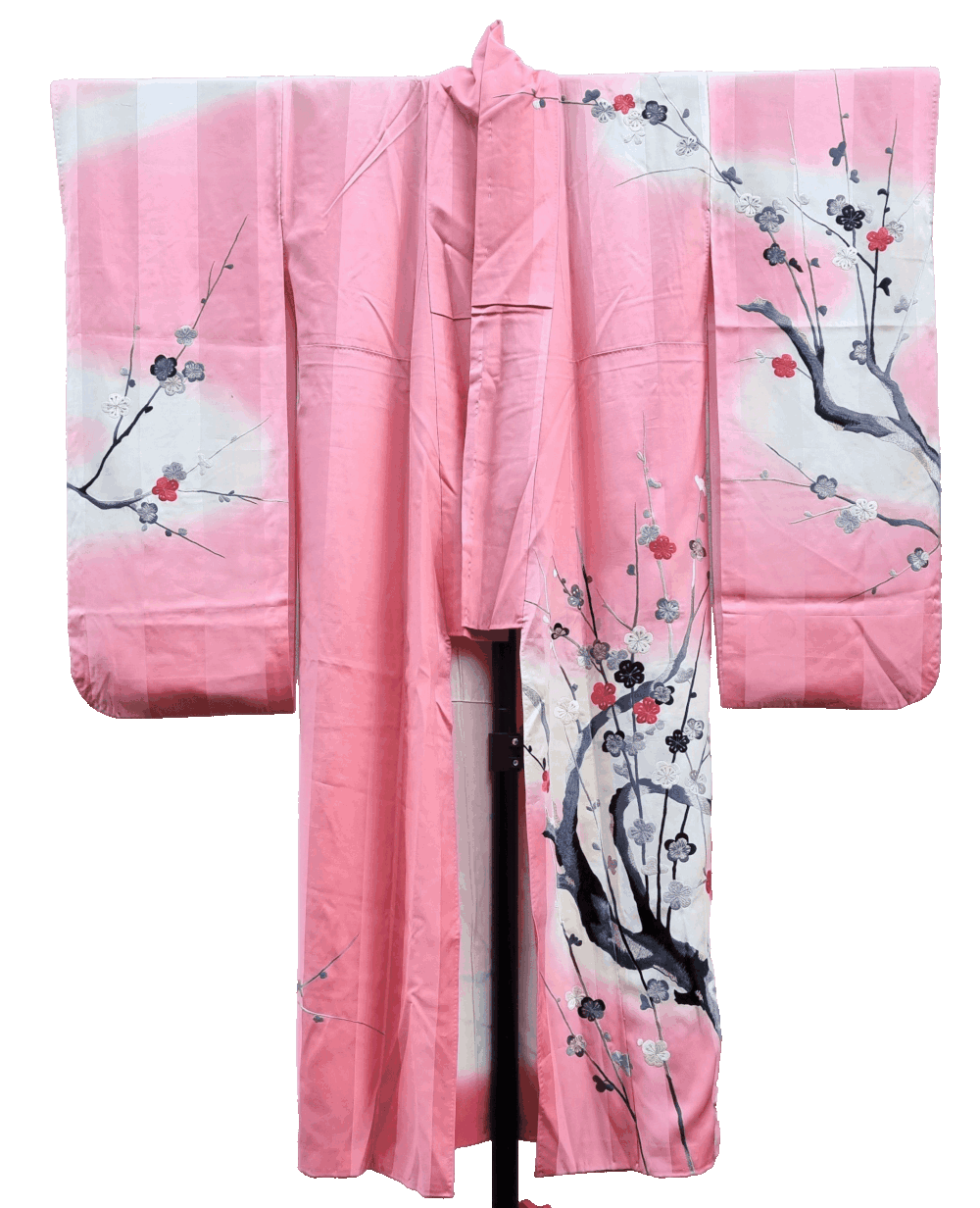 Vorderseite Vintage Furisode Kimono Damen rosa ume