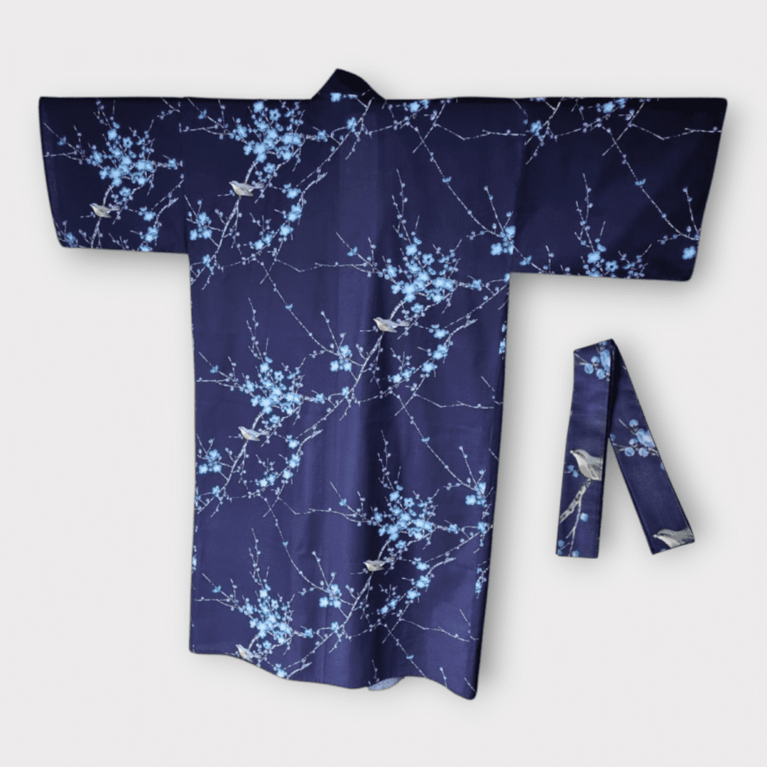 Plus Size Yukata Damen Pflaumenblüte blau inkl. Obi