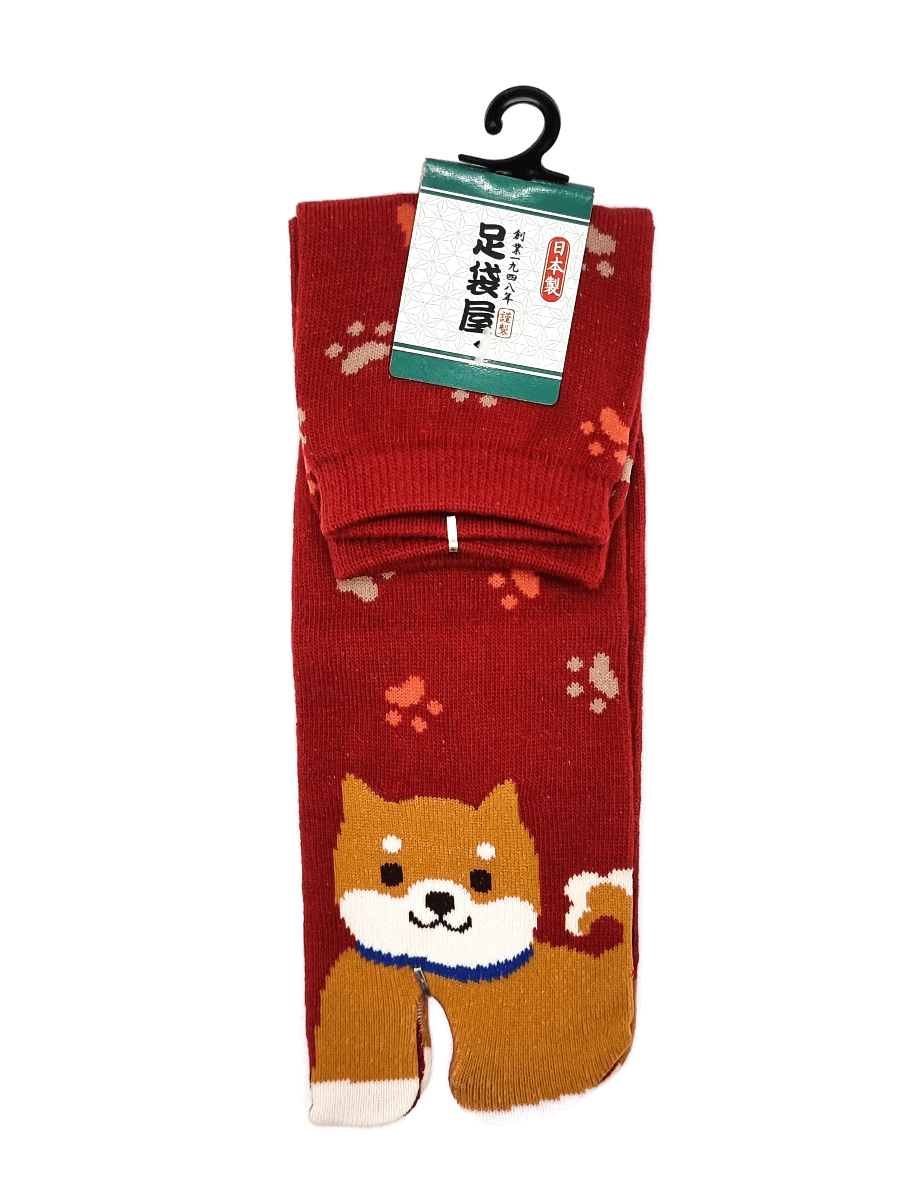 Linke braune Tabi Socke mit Shiba Inu in rot