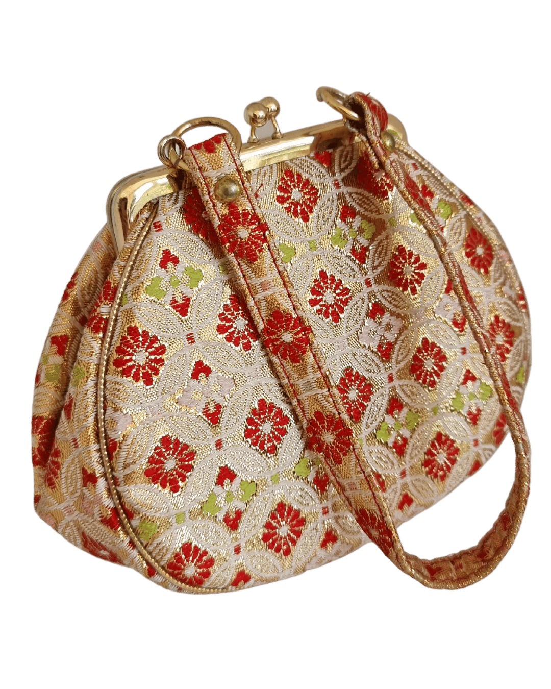japanische Vintage Handtasche in Gold mit roten Chrysanthemen