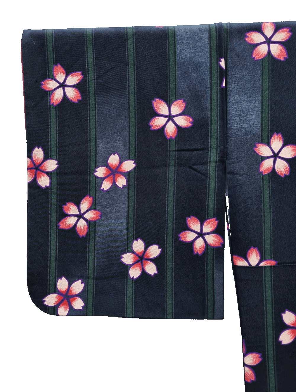 Damen Komon Kimono schwarz mit grünen Streifen und pinken Kirschblüten Vorderseite