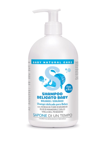 Shampoo per bambini biologico all'olio di riso (Aloe Vera, mandorle, estratto di viola del pensiero) da 500 ml.