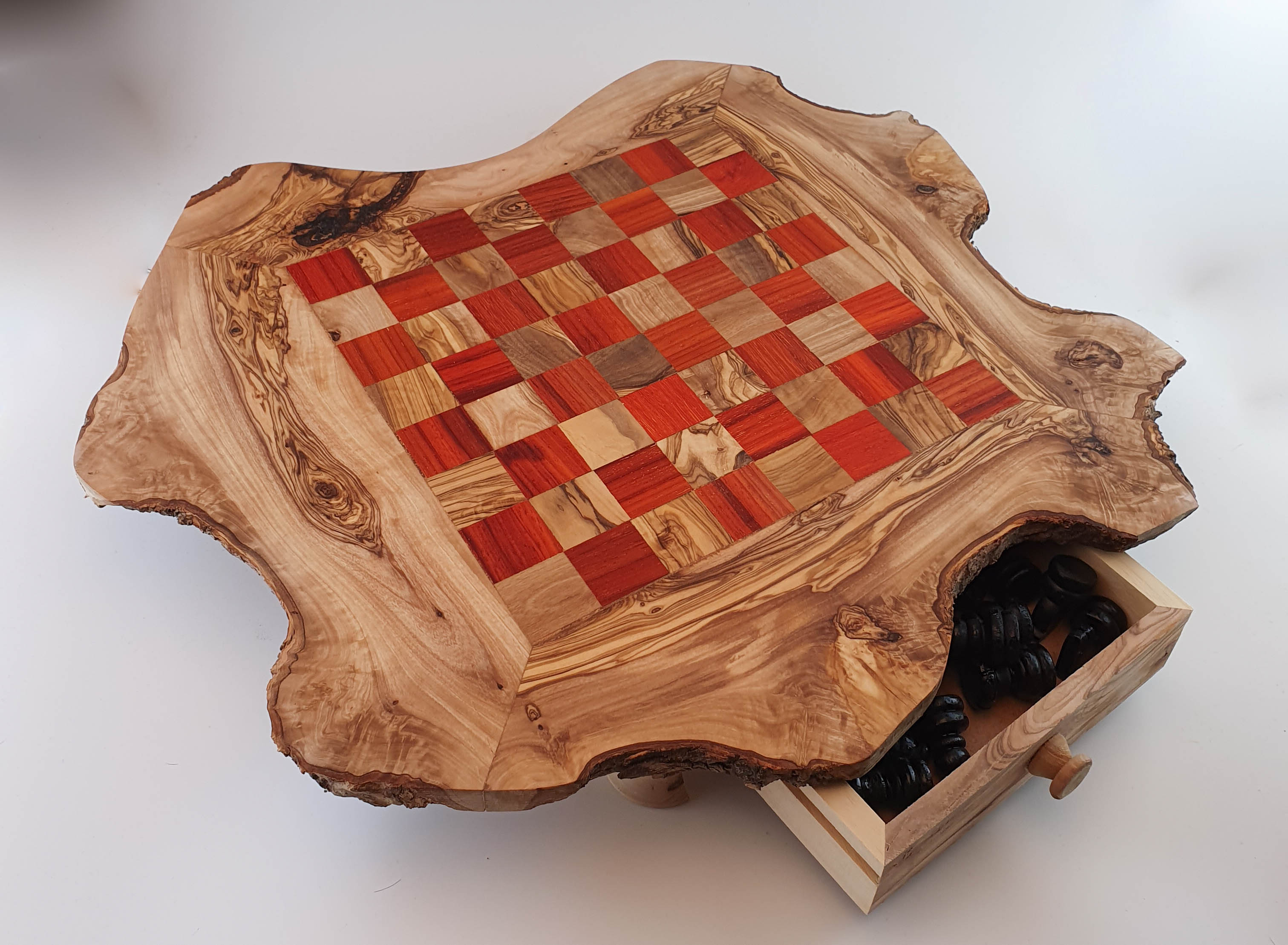 Rustic chess set with drawers made of olive wood, approximately 42cm x 42cm.