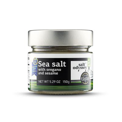 Sea salt flakes with oregano and sesame in a 150g glass jar
