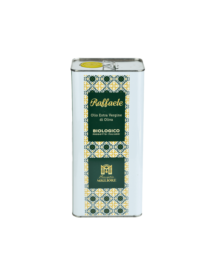 Aceite de oliva virgen extra orgánico nativo de Raffaele en envase de 5 litros.