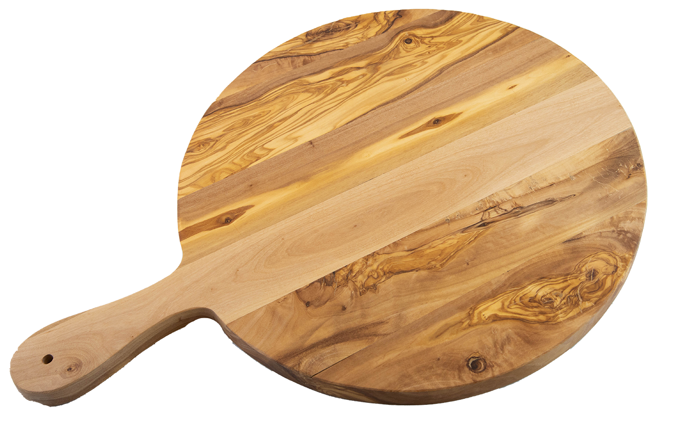Round serving board with handle, 32cm diameter.