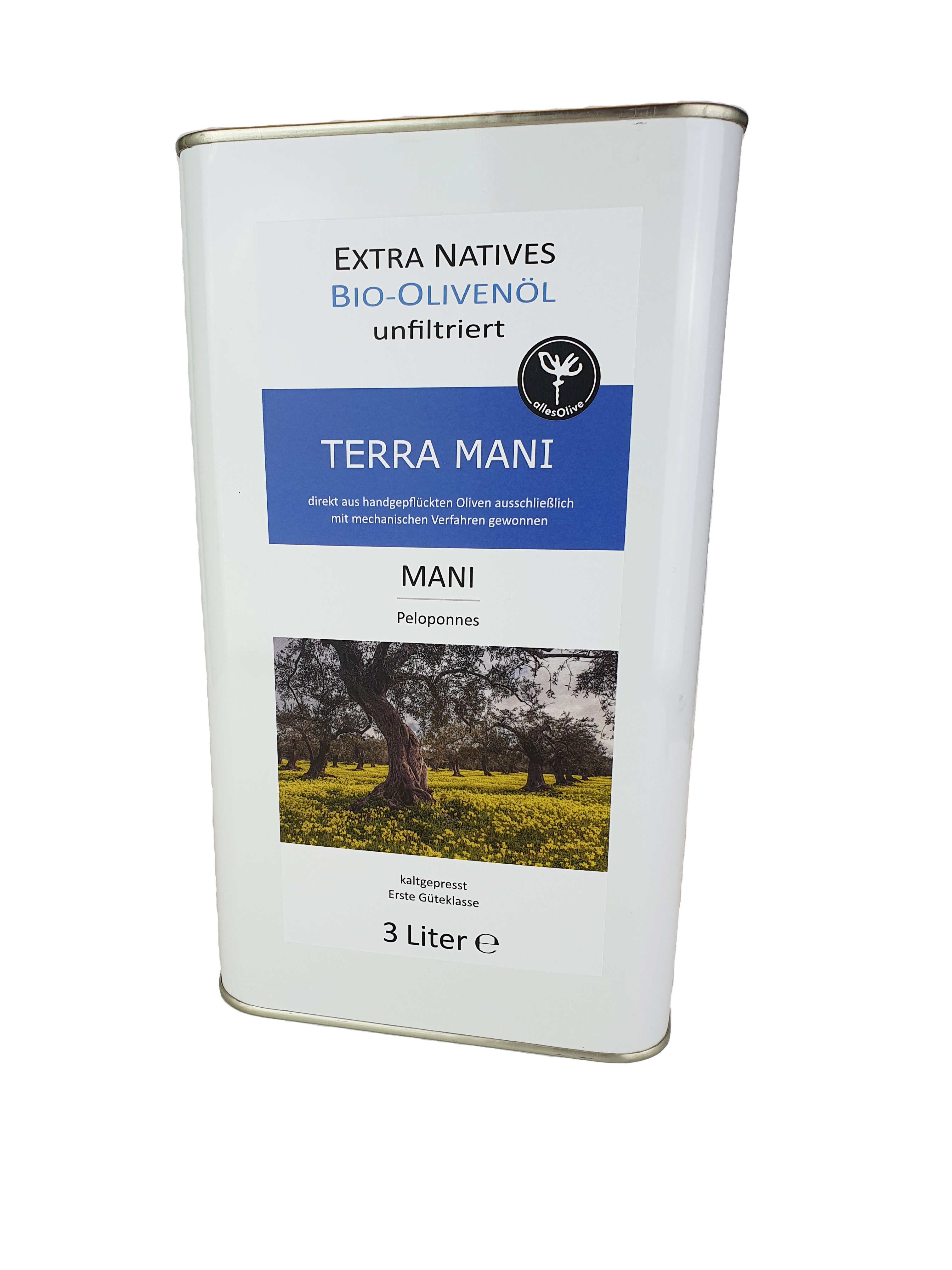 Aceite de oliva virgen extra ecológico y sin filtrar TERRA-MANI, en envase de 3 litros.