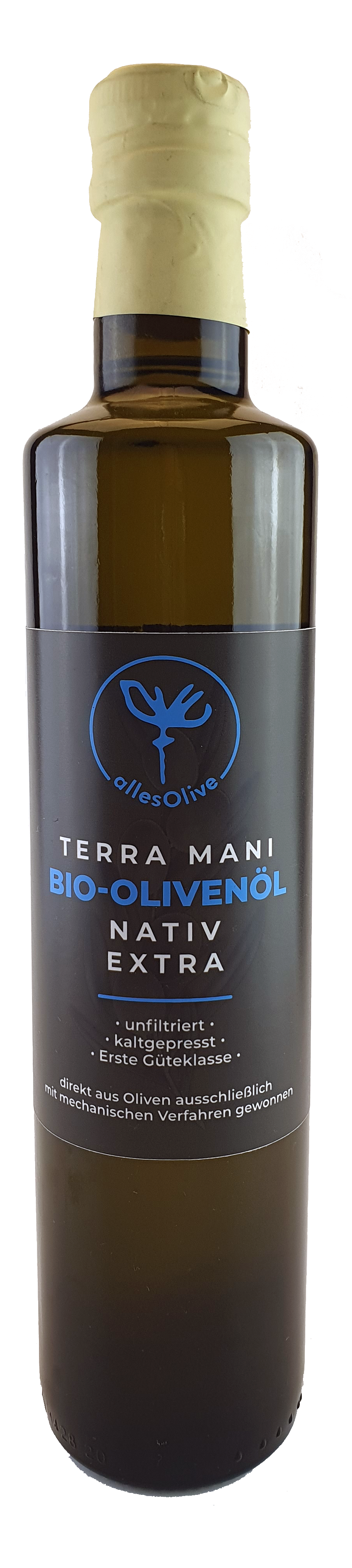 Aceite de oliva virgen extra orgánico y nativo TERRA-MANI, sin filtrar, botella de 500 ml.