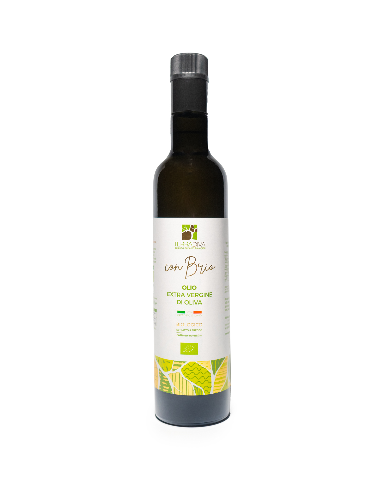CON BRIO organic extra virgin olive oil, filtered, 500ml bottle.