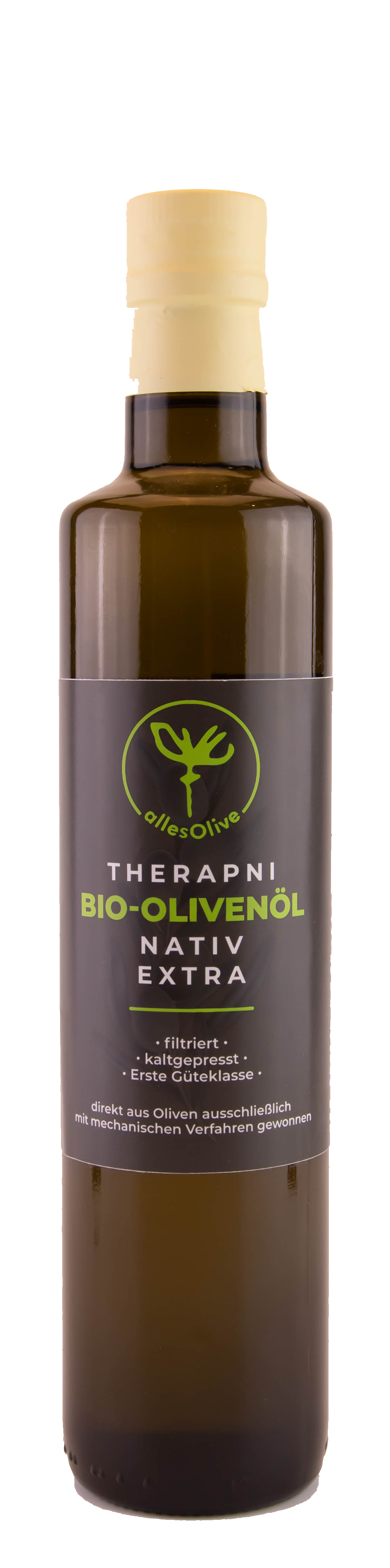 THERAPNI Native Organic Extra Virgin Olive Oil, filtered, 500ml bottle.
