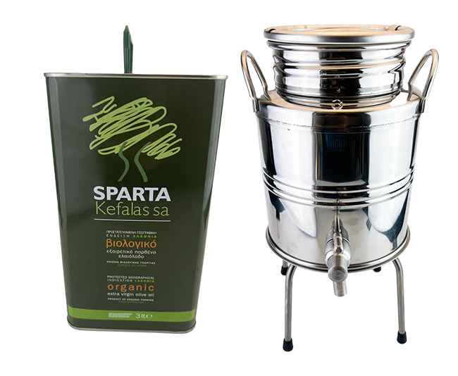 SET Sparta Kefalas "THERAPNI" Natives Bio-Olivenöl Extra, ungefiltert, 3L Kanister + Edelstahlbehälter 3 L