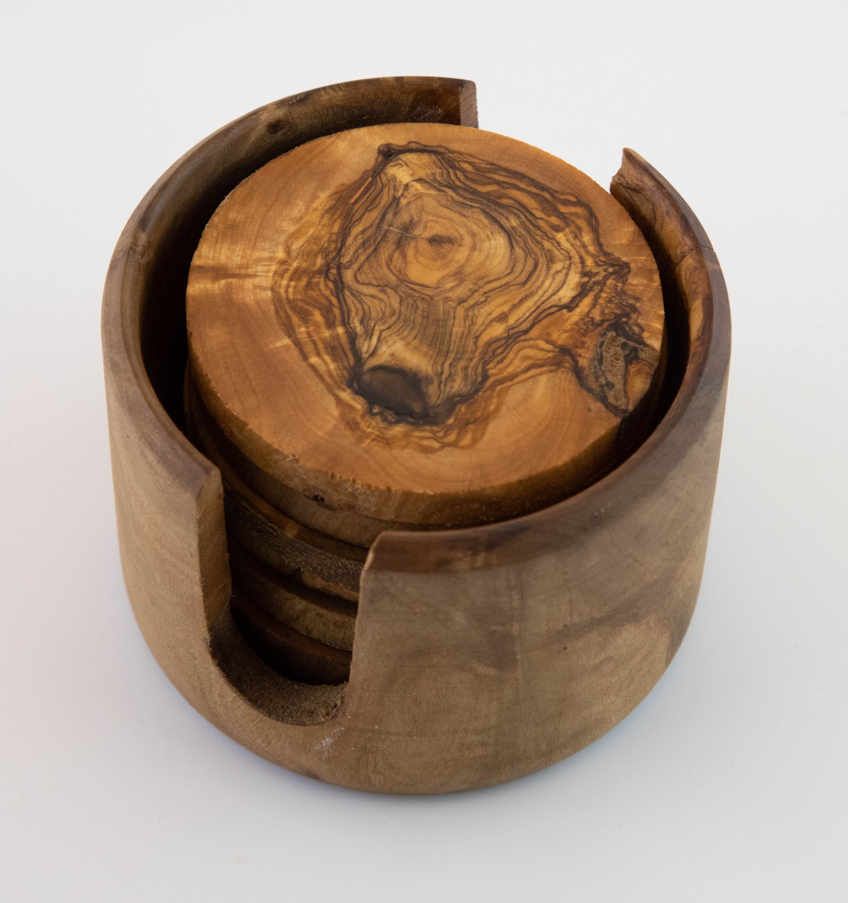 Set of 6 olive wood coasters with stand.