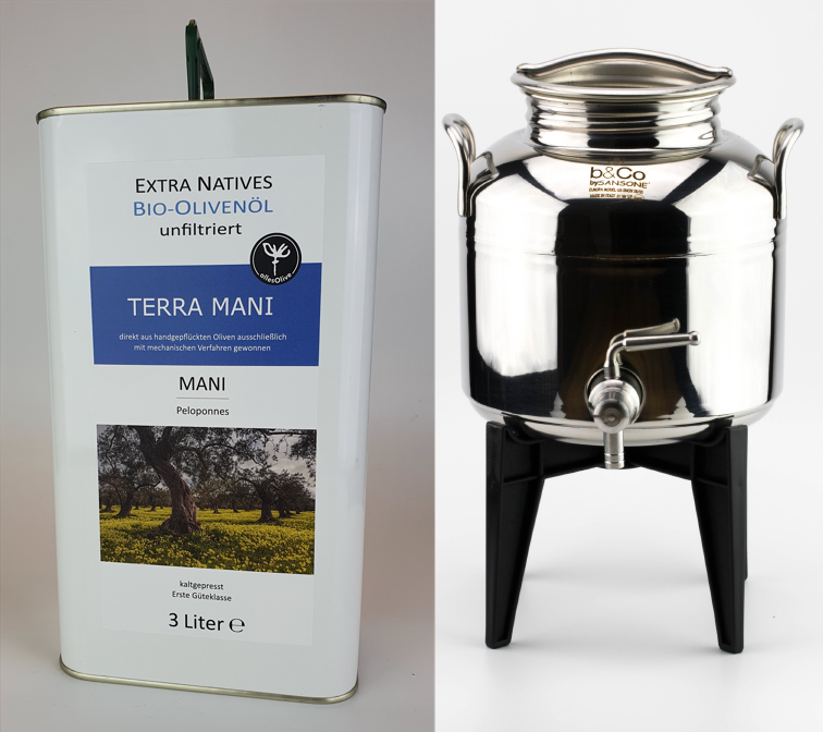 SET TERRA-MANI Native Organic Extra Virgin Olive Oil, unfiltered, 3L + Sansone Stainless Steel Container 3L