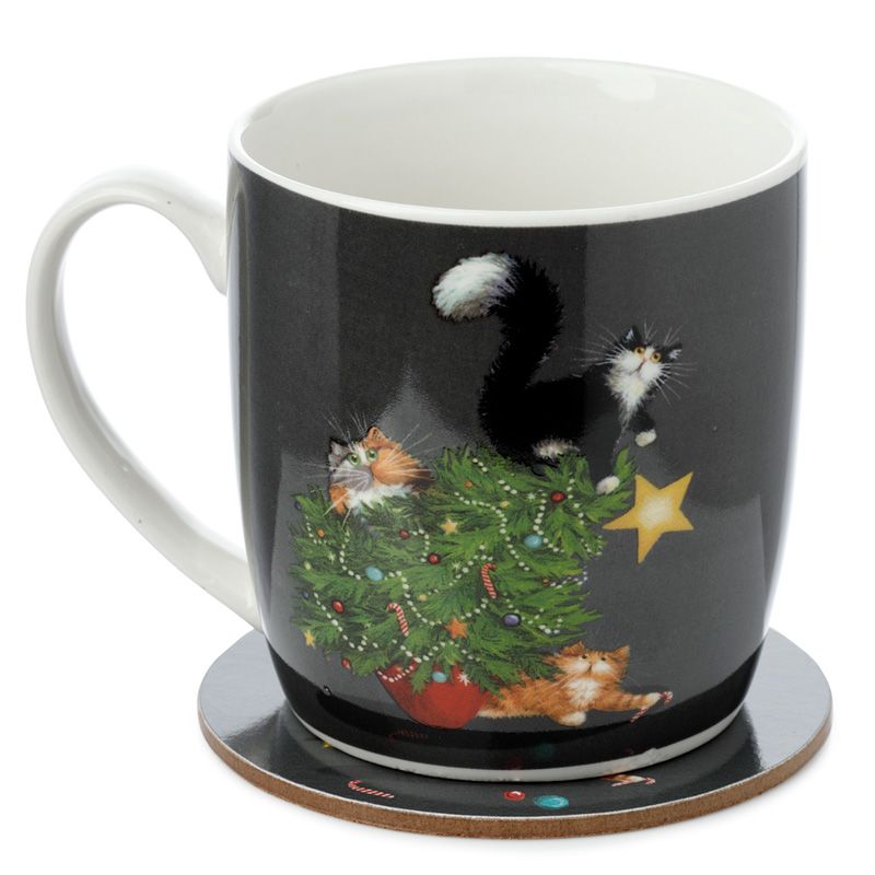 Kim Haskins Weihnachtsbaum Katze Tasse & Untersetzer Set aus Porzellan 300ml