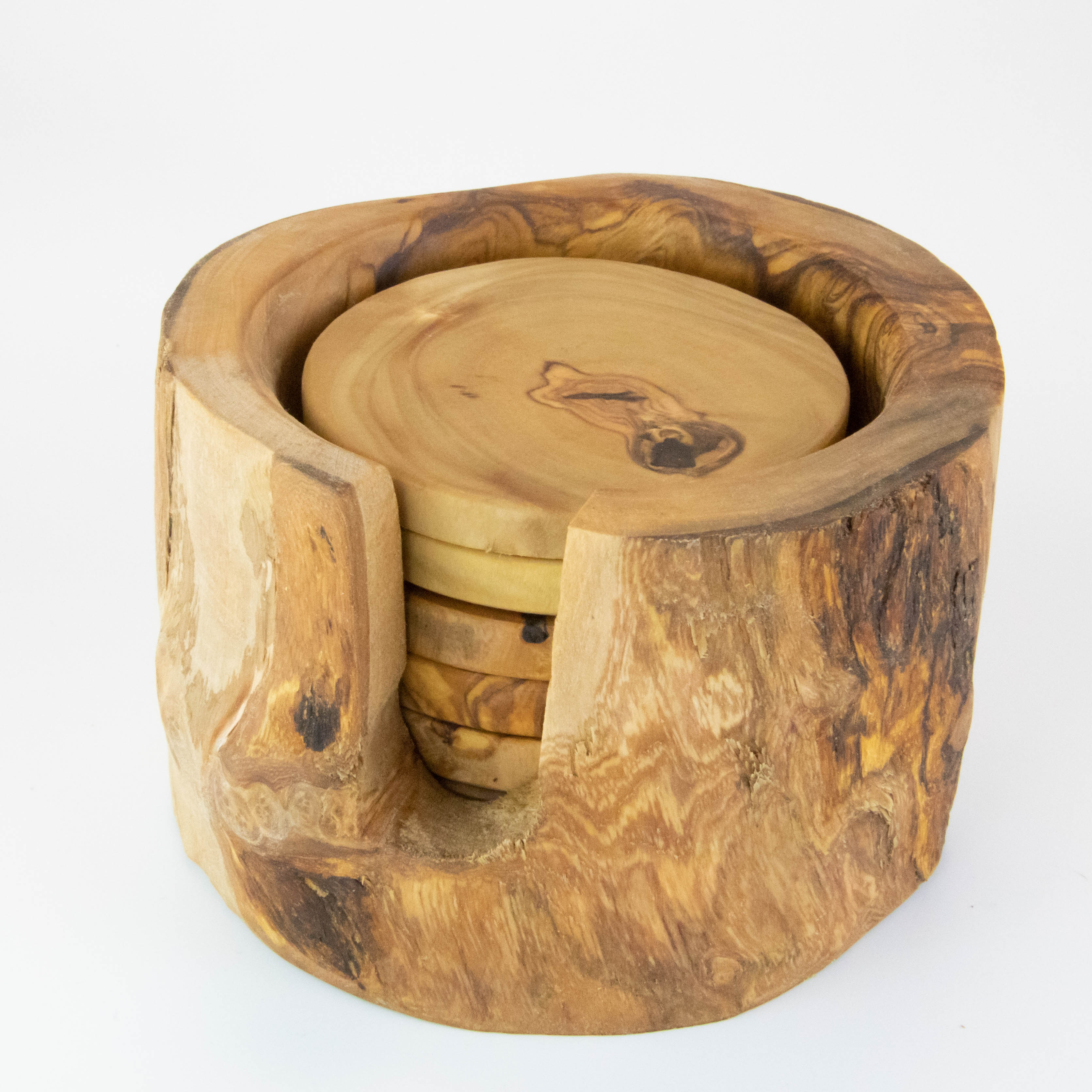 Set of 6 olive wood coasters with stand.