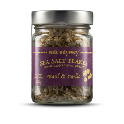 Scaglie di sale marino all'aglio e basilico in vetro da 100g.