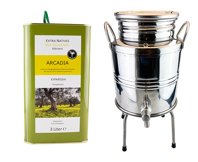 SET Arcadia Bio Olivenöl extra 3L Kanister + Edelstahlbehälter 3 L