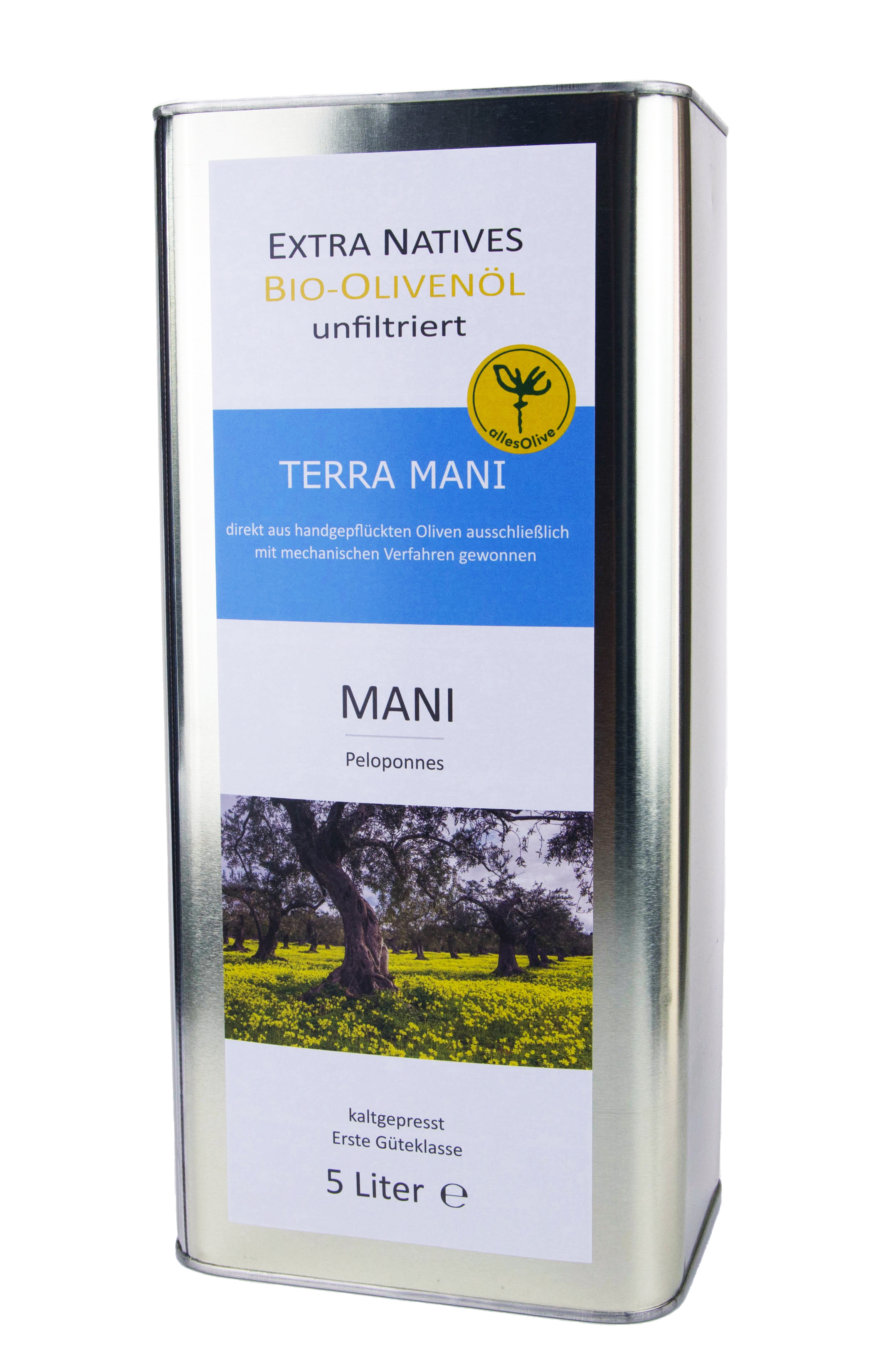 Aceite de oliva virgen extra orgánico y nativo TERRA-MANI, sin filtrar, en envase de 5L - bidón.