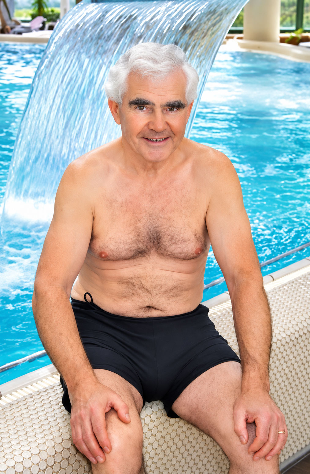 Ein älterer Mann mit grauen Haaren sitzt am Rand eines Schwimmbeckens. Er trägt schwarze Badehose und lächelt. Im Hintergrund fließt Wasser von einer kleinen Wasserfallinstallation ins Becken.