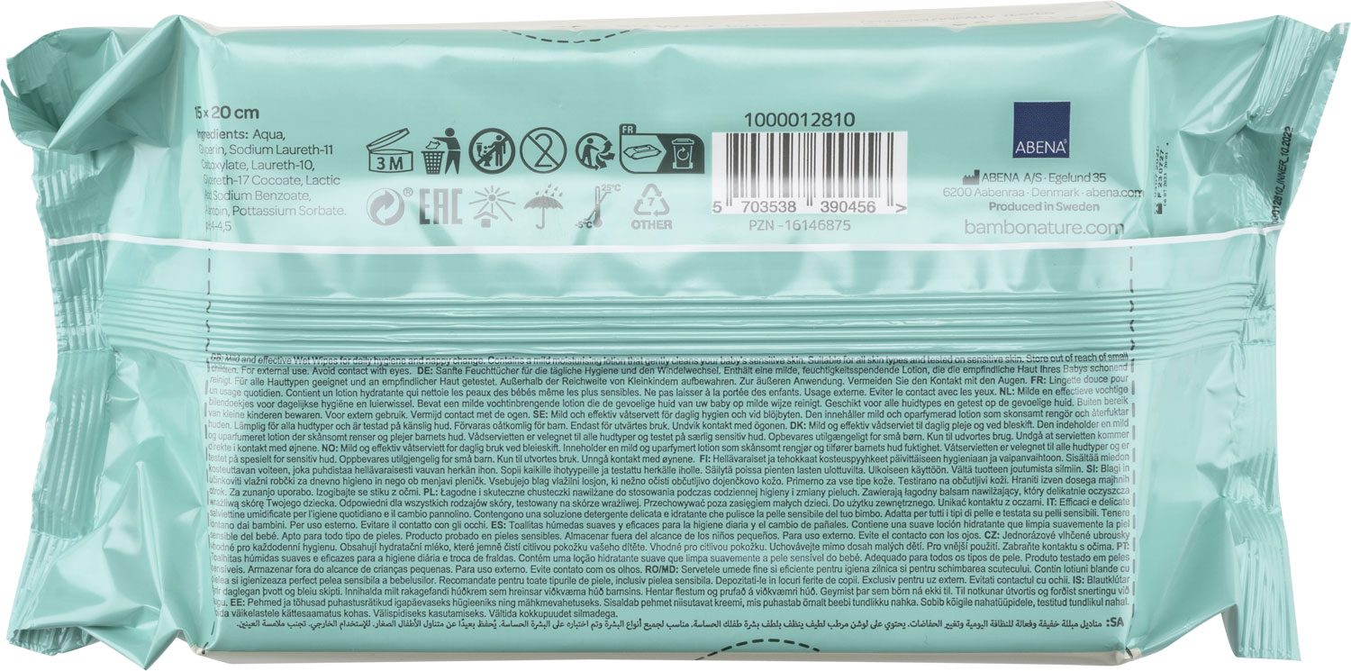 Eine grüne Verpackung von Babytüchern. Auf der Rückseite sind Zutaten, Anwendungshinweise, Warnungen und Symbole für die richtige Lagerung abgebildet. Mehrsprachige Informationen sind vorhanden.