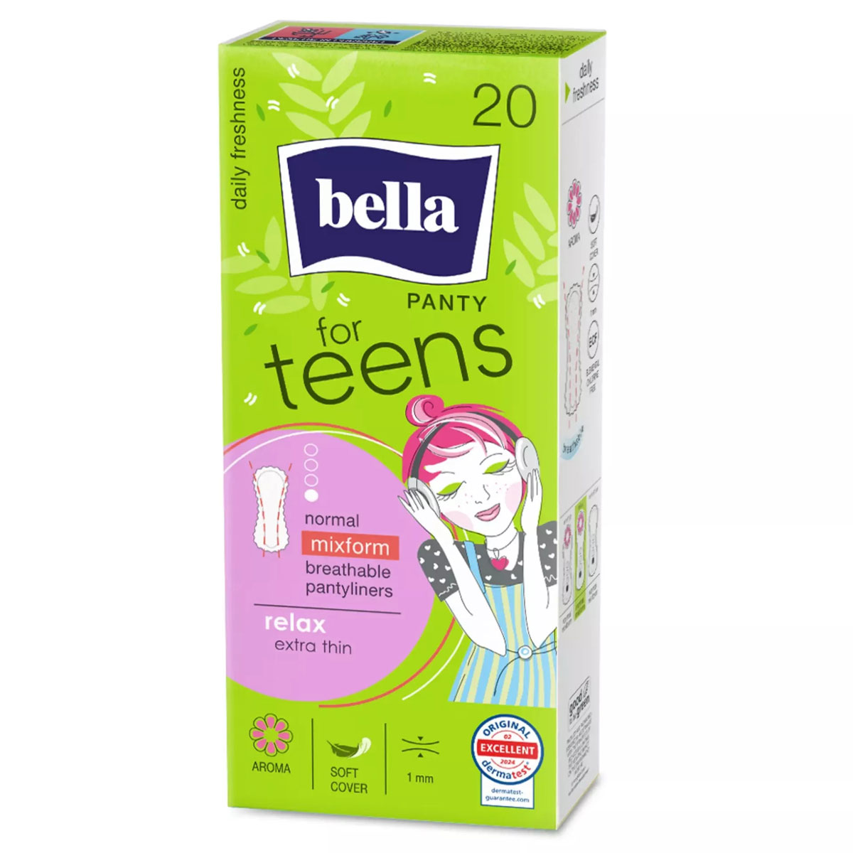 Ein grünes Verpackungsdesign für Damenbinden mit der Aufschrift -bella Panty for teens-. Die Box enthält 20 Stück der atmungsaktiven, extra dünnen Binden für Jugendliche. Illustrationen einer dargestellten jungen Frau ergänzen das Design.